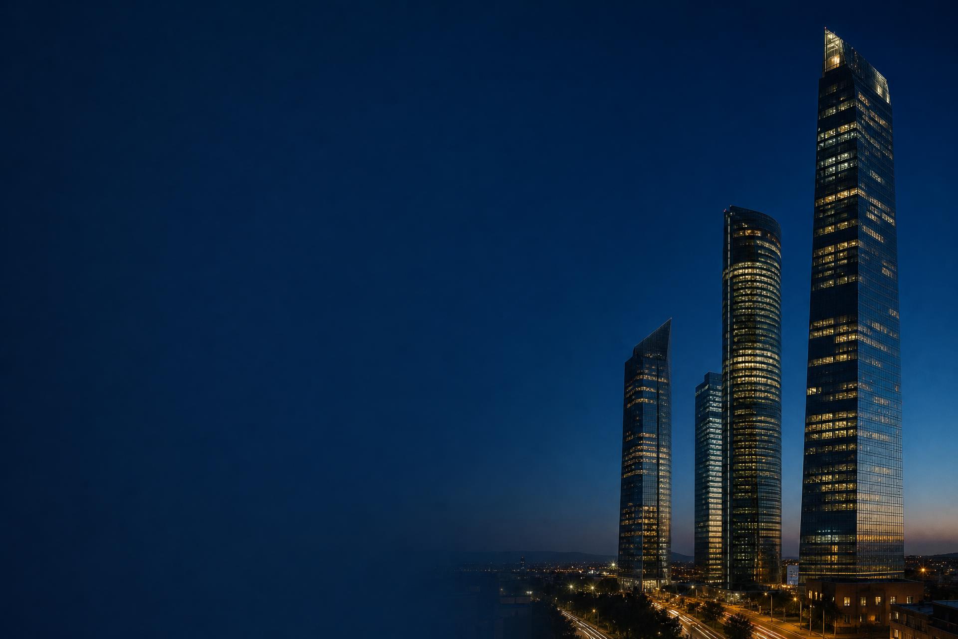 Madrid Cuatro Torres financial district at dusk.