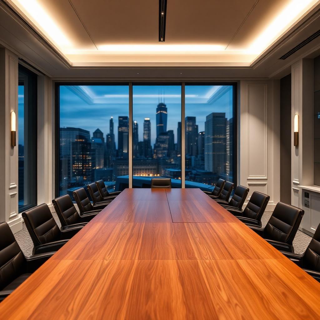 European executive boardroom at dusk overlooking a financial district