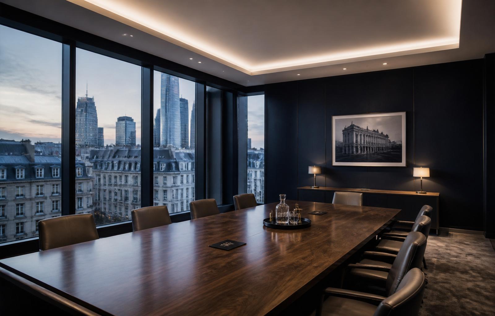 A modern European executive boardroom at dusk