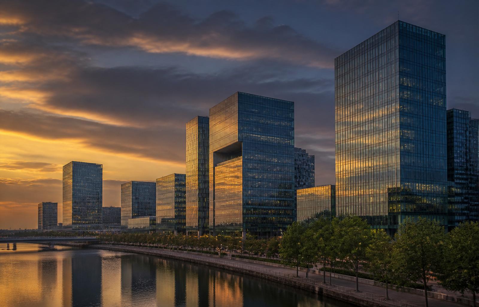 Amsterdam Zuidas financial district at dusk reflected in a calm canal