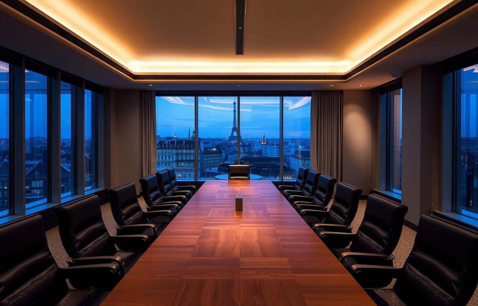 European boardroom interior at dusk