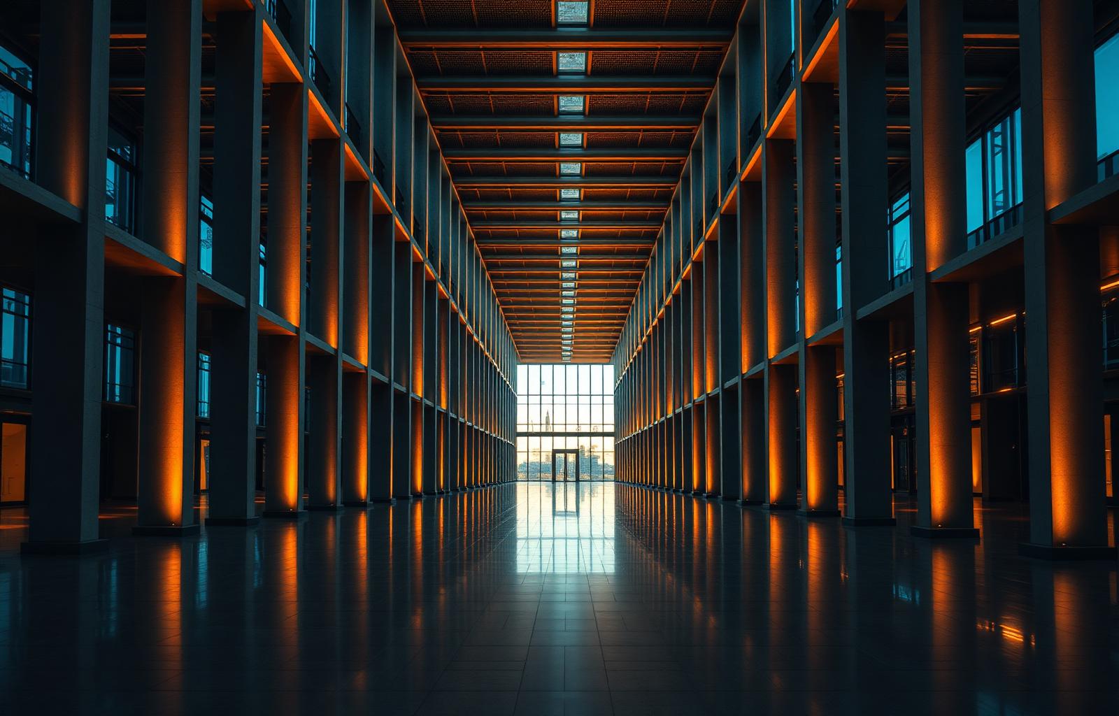 Long architectural corridor in a European corporate building at dusk, warm light against navy shadows