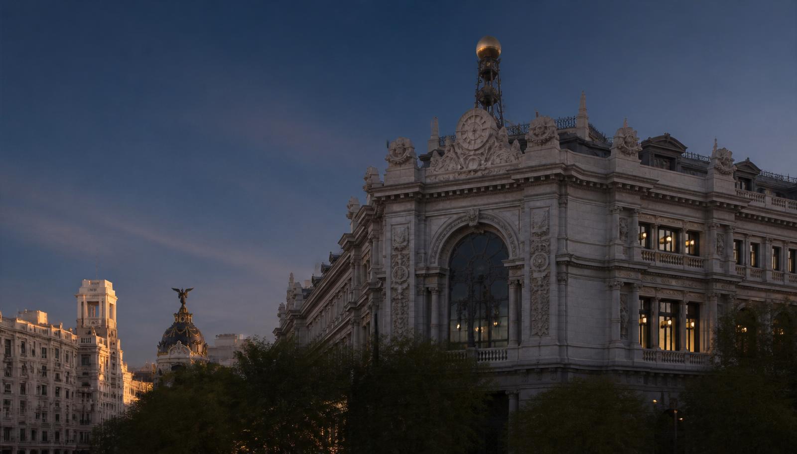 Madrid Cuatro Torres financial district at sunset
