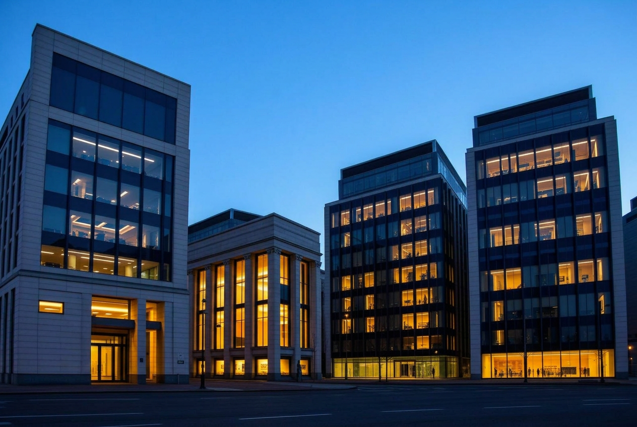 Frankfurt institutional architecture at dusk